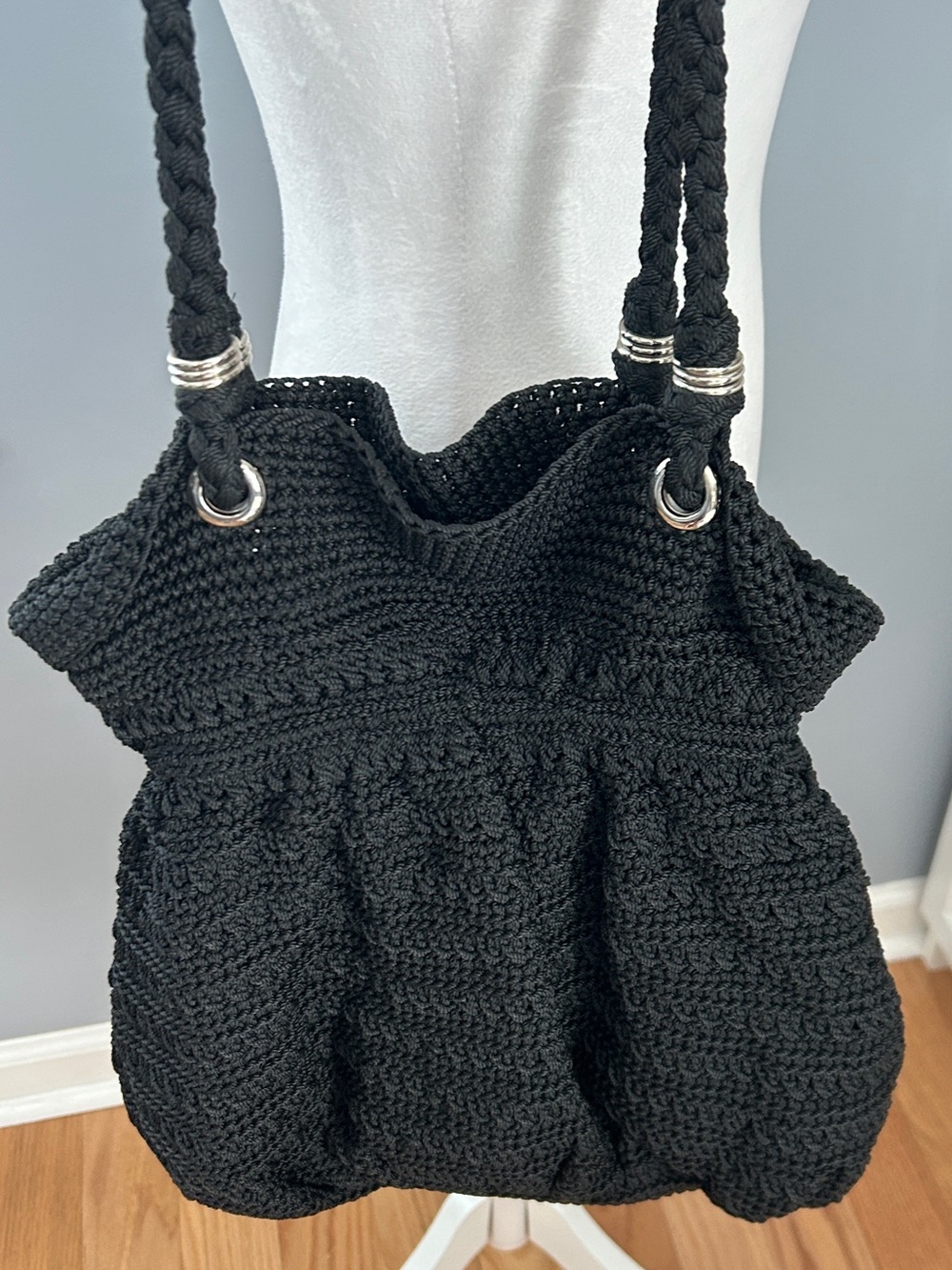 The Sak Black Crochet Hobo Bag Braided Strap Cinch Tote Purse Boho Y2K